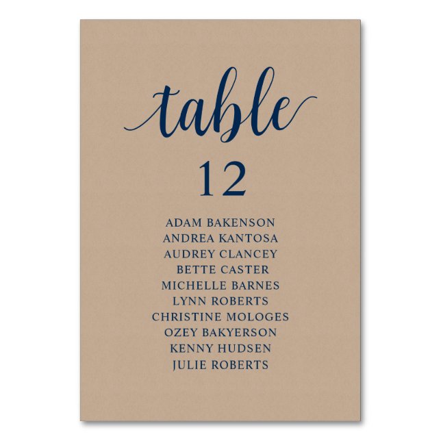Wedding Dinner, Brown Kraft Seating Chart Table Nu Number (Front)