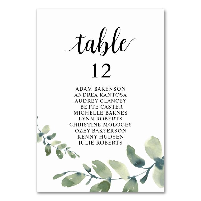 Wedding Dinner, Eucalyptus Guests Seating Chart  T Table Number (Front)