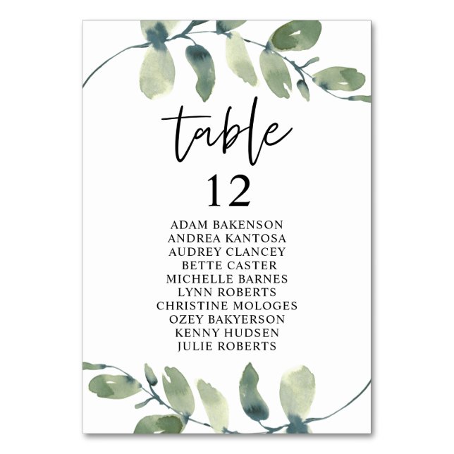 Wedding Dinner, Eucalyptus Guests Seating Chart Ta Table Number (Front)