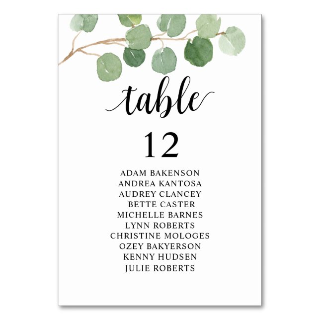 Wedding Dinner, Eucalyptus Guests Seating Chart Table Number (Front)
