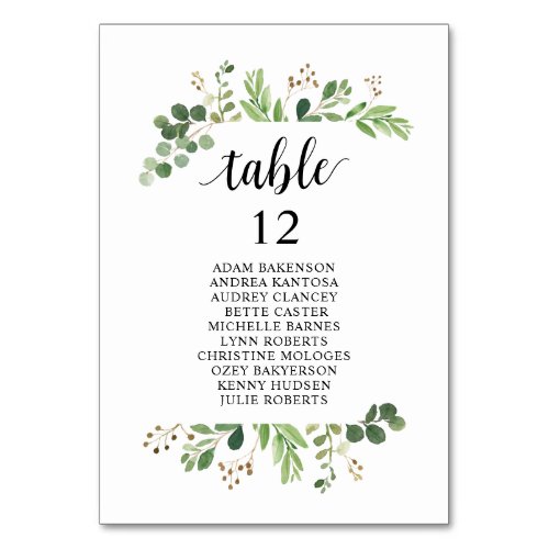 Wedding Dinner  Greenery Guests Seating Chart Tab Table Number