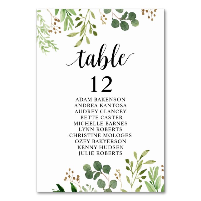 Wedding Dinner, Greenery Guests Seating Chart Table Number (Front)