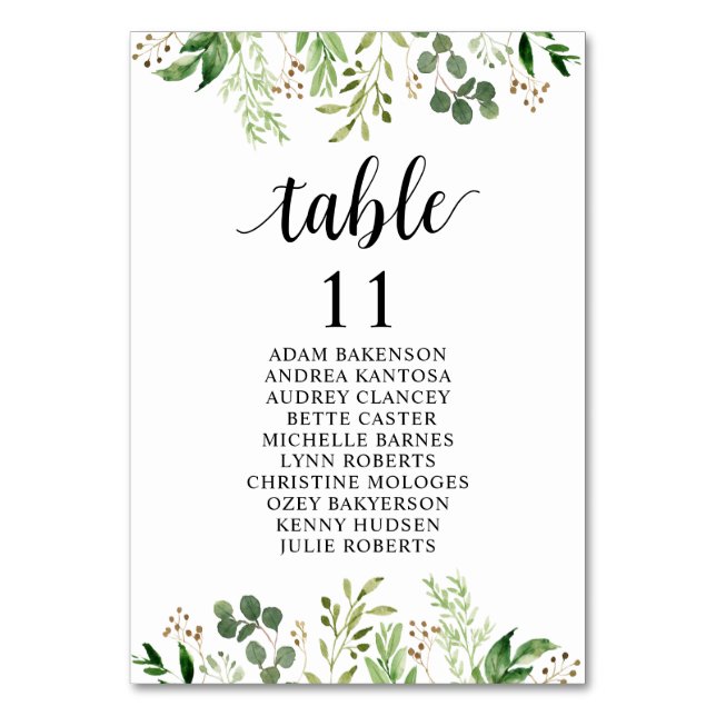 Wedding Dinner, Greenery Guests Seating Chart Table Number (Front)