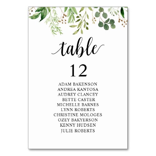 Wedding Dinner Guests Seating Chart Greenery Table Number
