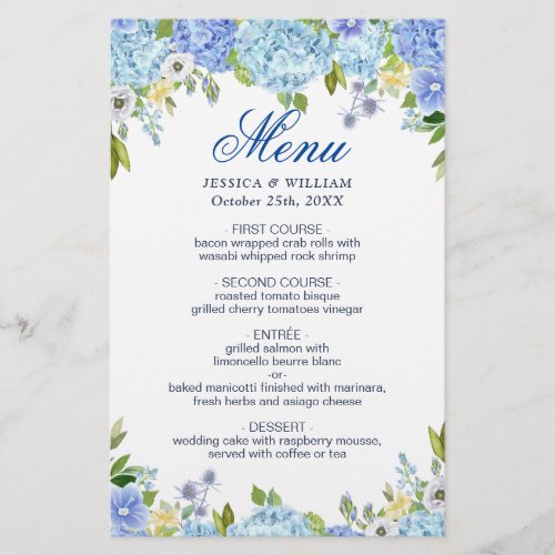 Wedding Dinner Menu Blue Hydrangea Floral Greenery