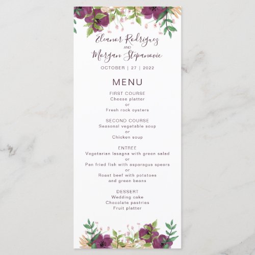 Wedding dinner menu boho burgundy floral