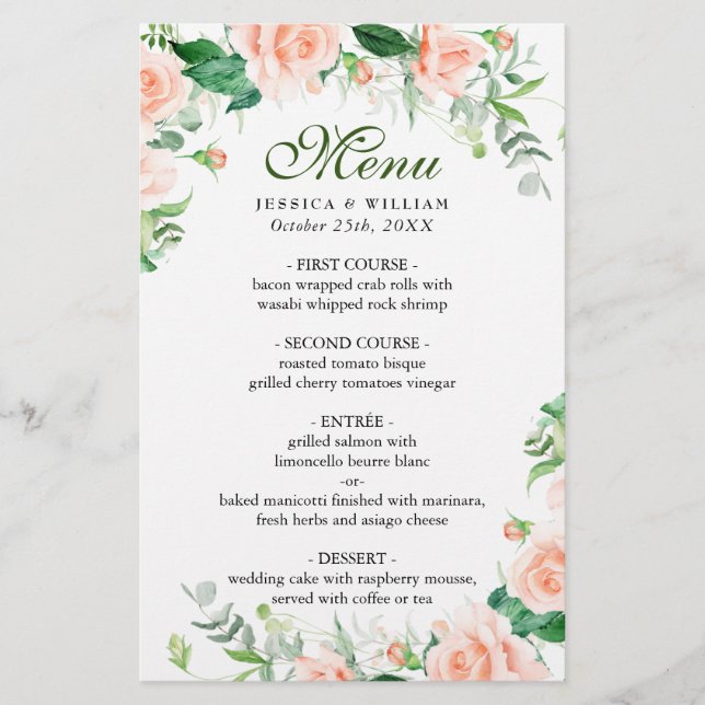 Wedding Dinner Menu Elegant Blush Roses Floral (Front)