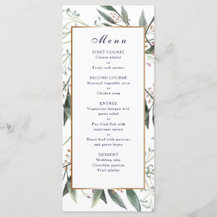 Wedding dinner menu green leaf gold frame elegant