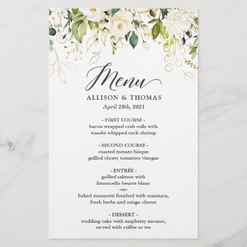 Wedding Dinner Menu Nature Green White Rose Floral - Nature Green White Rose Floral Wedding Dinner Menu.
(1) For further customization, please click the "customize further" link and use our design tool to modify this template. 
(2) If you prefer Thicker papers / Matte Finish, you may consider to choose the Matte Paper Type. 
(3) If you need help or matching items, please contact me.