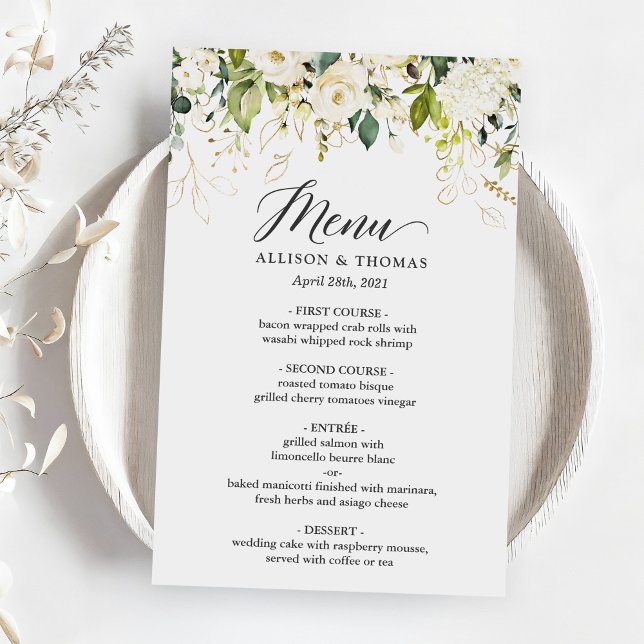 Wedding Dinner Menu Nature Green White Rose Floral (Creator Uploaded)