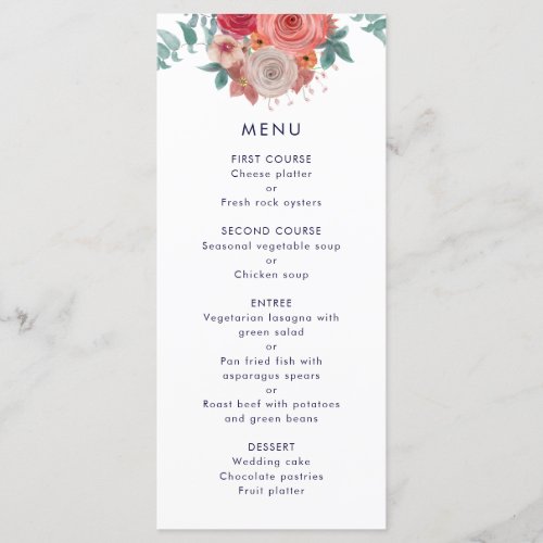 Wedding dinner menu red rose navy blue