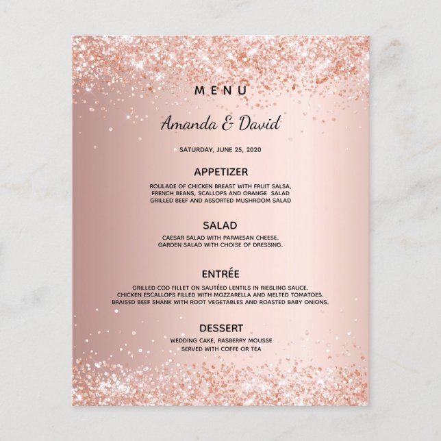 Wedding dinner menu rose gold blush (Front)