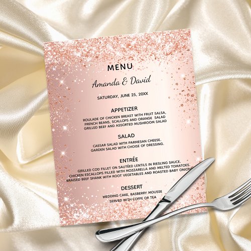 Wedding dinner menu rose gold glitter budget flyer