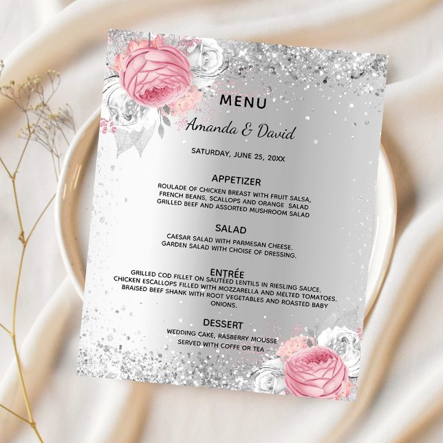 Wedding dinner menu silver pink florals budget flyer (Creator Uploaded)