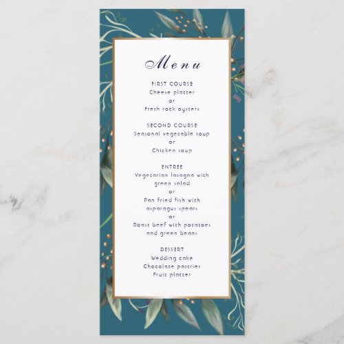Wedding dinner menu teal leaf gold frame elegant