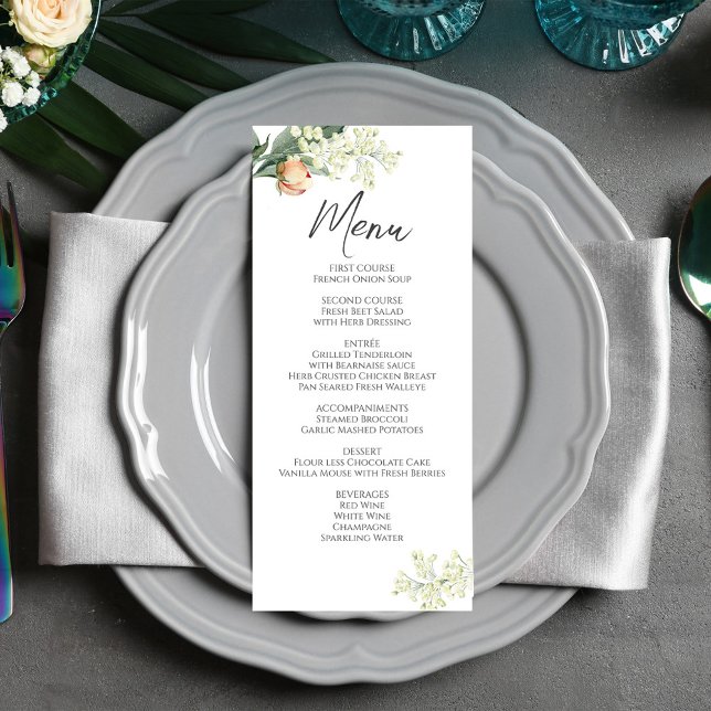 Wedding Dinner Menu Watercolor Peach Floral (With a simple white background on the front. )