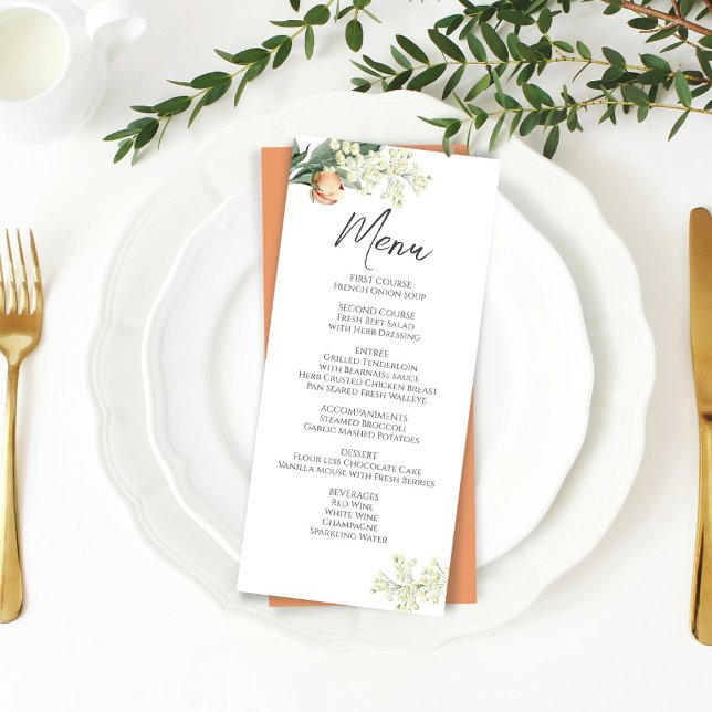 Wedding Dinner Menu Watercolor Peach Floral (Wedding menu card with elegant peach watercolor floral artwork. )
