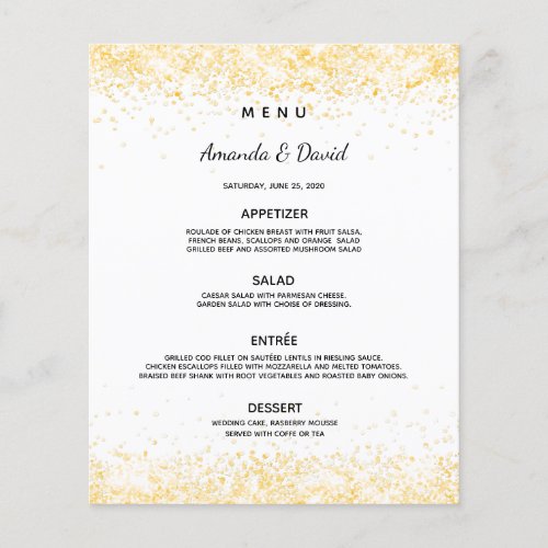 Wedding dinner menu white gold confetti
