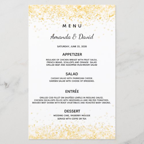 Wedding dinner menu white gold confetti