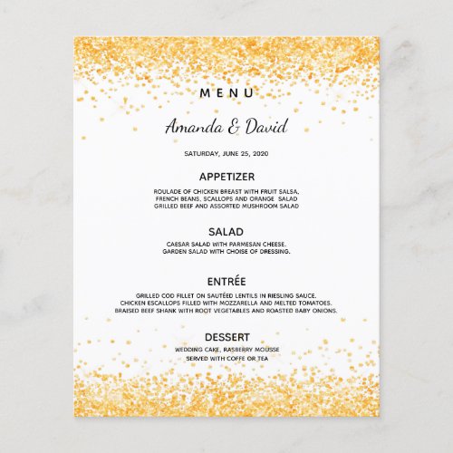 Wedding dinner menu white gold confetti budget flyer