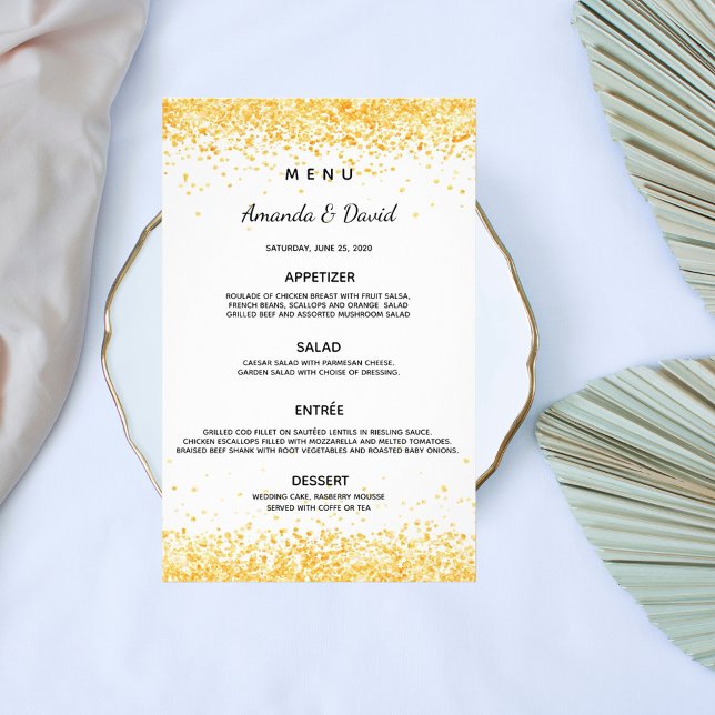 Wedding dinner menu white gold confetti budget flyer (Creator Uploaded)