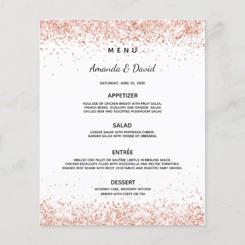 Wedding dinner menu white rose gold confetti