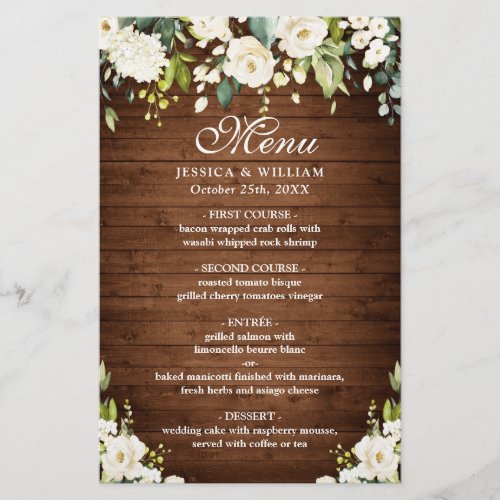 Wedding Dinner Menu Wood  White Rose Rustic