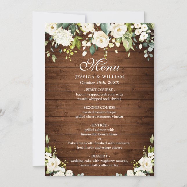 Wedding Dinner Menu Wood & White Rose Rustic Menu Invitation (Front)