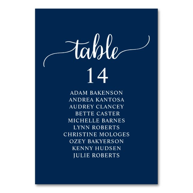 Wedding Dinner, Navy Blue Guests Seating Chart Tab Table Number (Front)