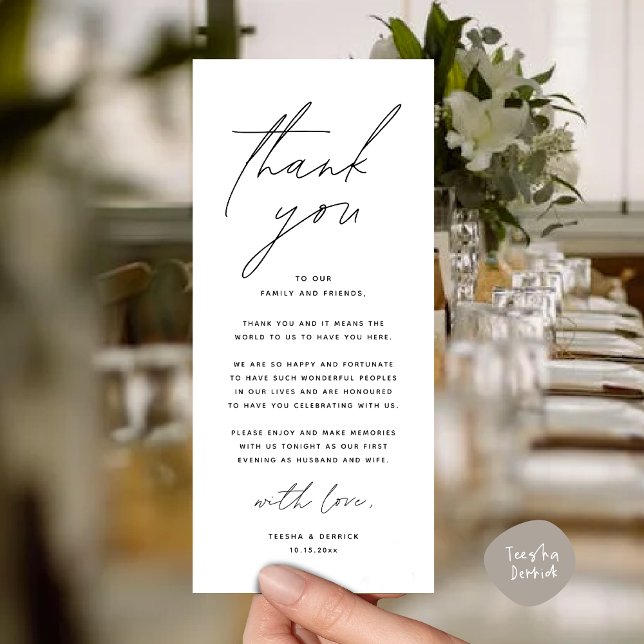 Wedding Dinner Party Place Setting Thank You Card (Modern Romantic Wedding Place Setting Thank You Card for Dinner Brunch Lunch Party  in White Black)
