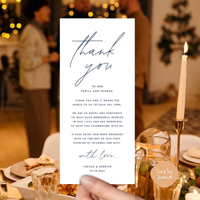 Wedding Dinner Party Place Setting Thank You Card (Romantic Wedding Dinner Lunch Brunch Party Place Setting Thank You Card in Classy Navy Blue)