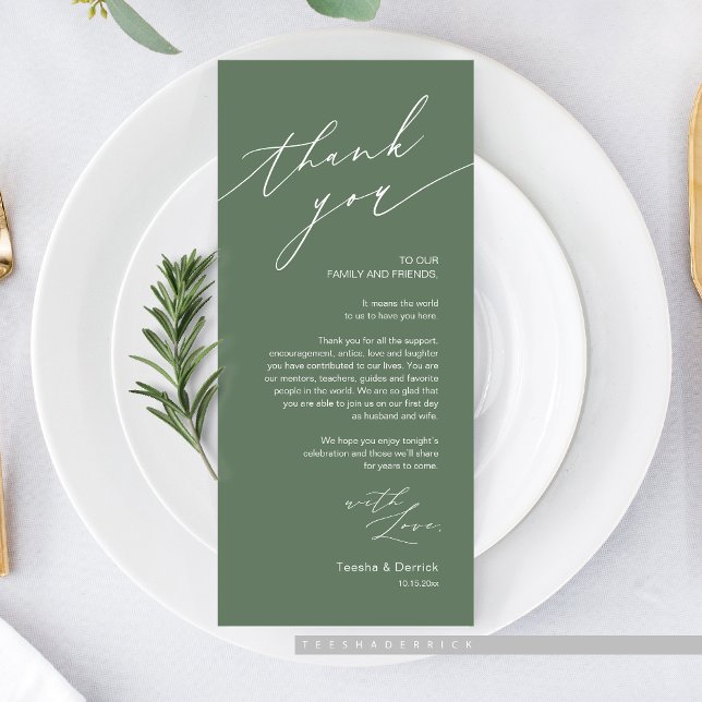 Wedding Dinner Place Setting Thank You Card (Romantic Wedding Dinner Place Setting Thank You Card, in Forest Sage Green)