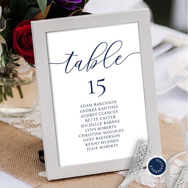 Wedding Dinner, Romance Seating Chart, Navy Blue Table Number (Wedding Dinner Guest Seating Chart Card, in Modern Romantic Classy Navy Blue Themed.)