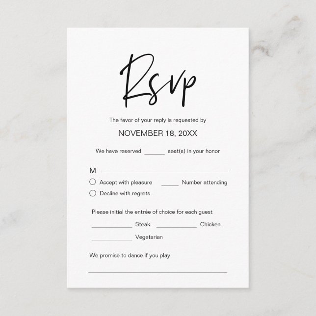 Wedding Dinner RSVP, meal option, song request Enclosure Card (Front)