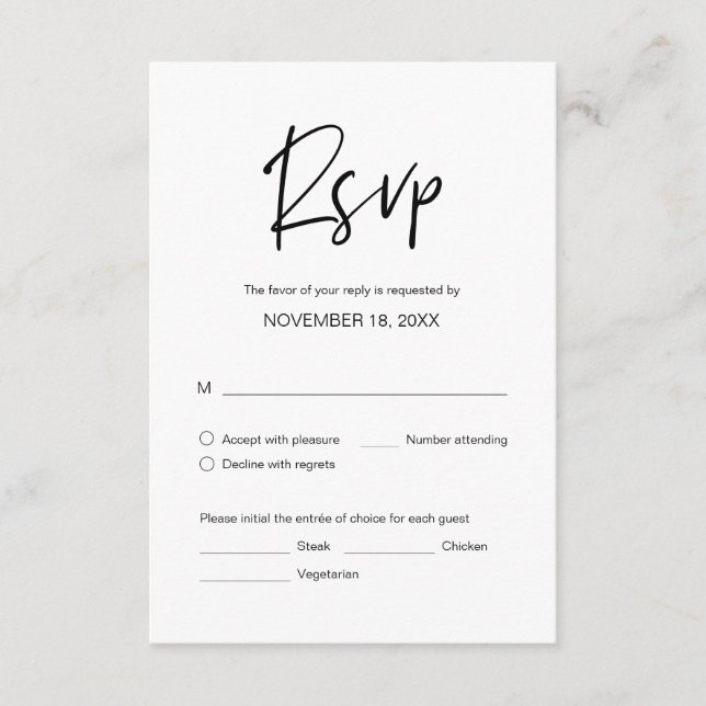 Wedding Dinner RSVP, meal options Enclosure Card (Front)