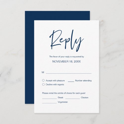 Wedding Dinner RSVP meal options Navy Blue Enclosure Card