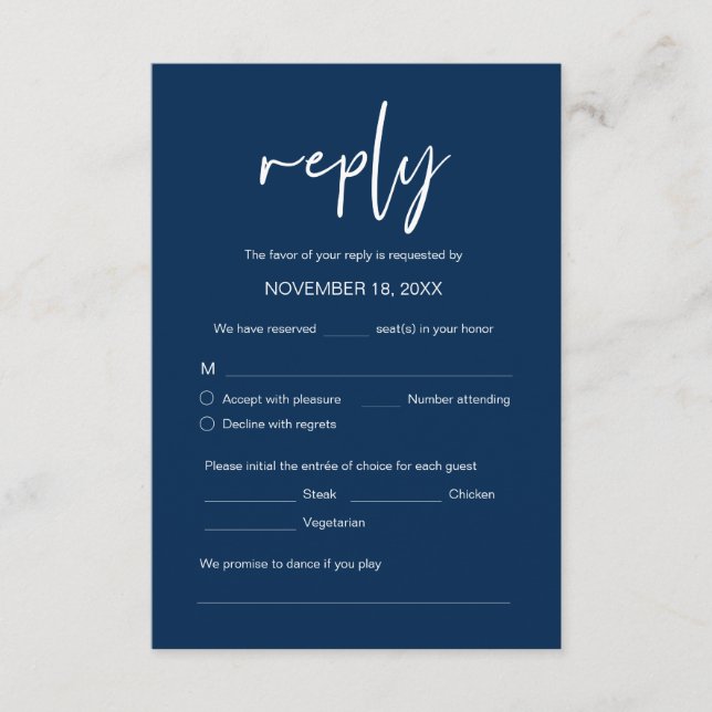 Wedding Dinner RSVP, meal options, song request En Enclosure Card (Front)