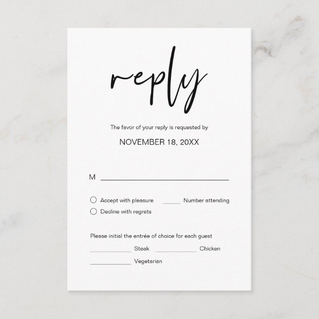 Wedding Dinner RSVP, with meal options Enclosure C Card (Front)