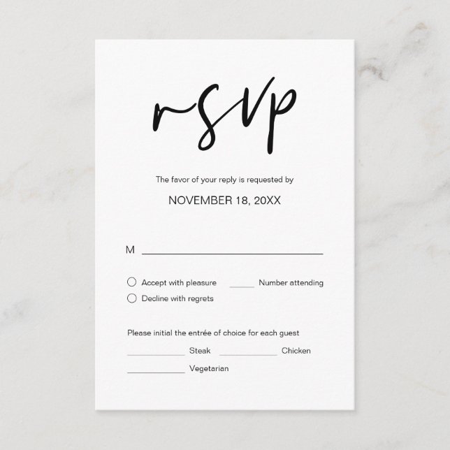 Wedding Dinner RSVP, with meal options Enclosure Card (Front)