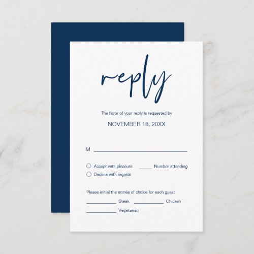 Wedding Dinner RSVP with meal options Navy Blue Enclosure Card