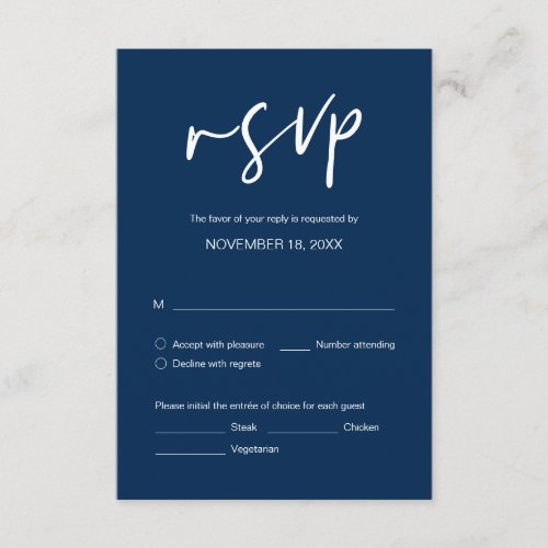 Wedding Dinner RSVP with meal options Navy Blue  Enclosure Card