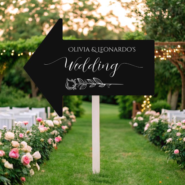 Wedding Direction Arrow Reversible Black Floral Sign (Creator Uploaded)