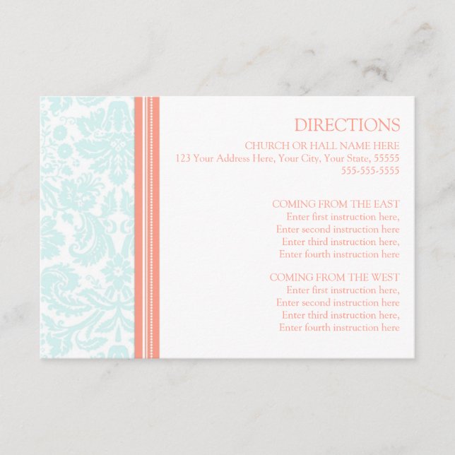 Wedding Direction Cards Aqua Coral Damask (Front)