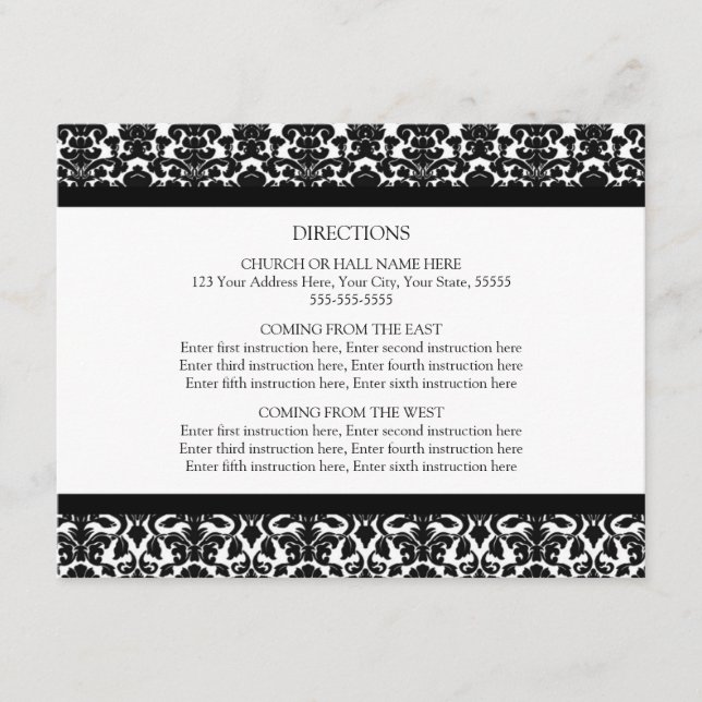 Wedding Direction Cards Black and White Damask (Front)