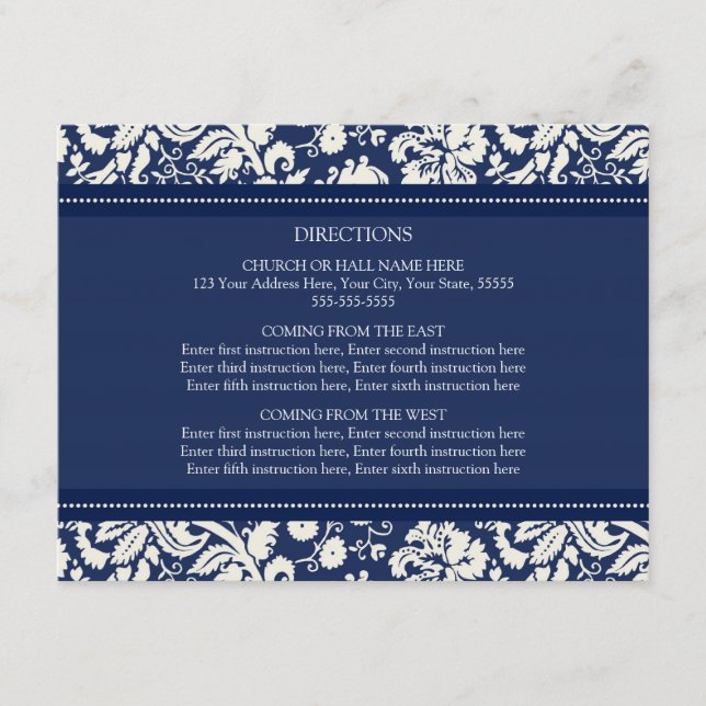Wedding Direction Cards Blue Damask (Front)