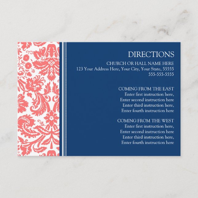 Wedding Direction Cards Coral Blue Damask (Front)