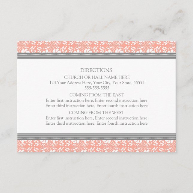 Wedding Direction Cards Coral Gray Damask (Front)