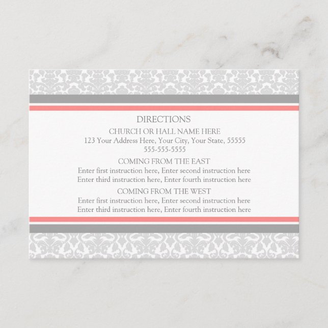 Wedding Direction Cards Coral Gray Damask (Front)