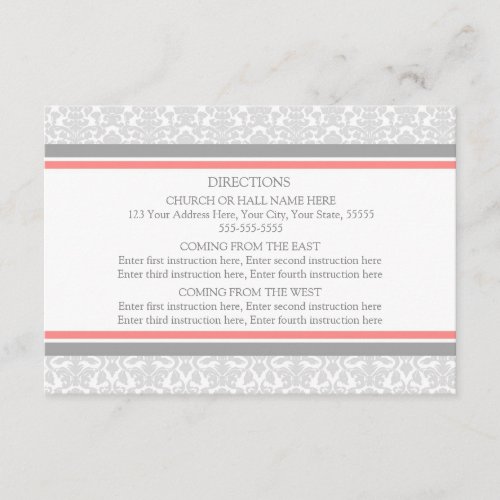 Wedding Direction Cards Coral Gray Damask
