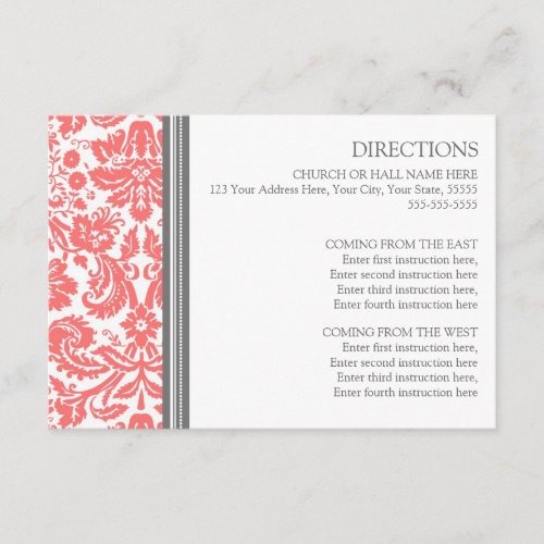Wedding Direction Cards Coral Grey Damask